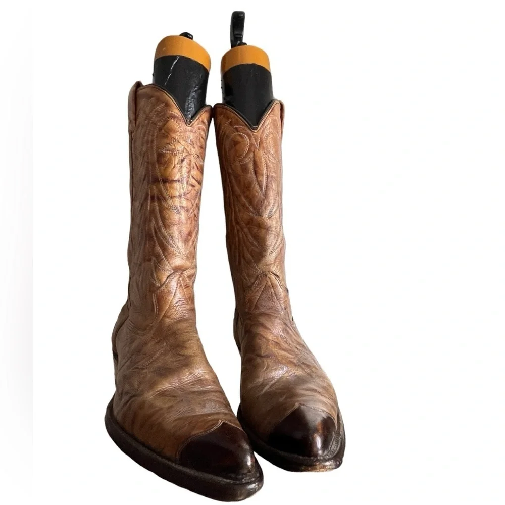 Vintage TEXAS Men's Leather Western Cowboy Boots Size 10.5 D Brown Wing Tip M 81